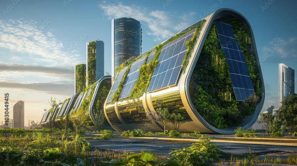 Poster a futuristic building with curved, solar-powered walls and green plants growing on the side. the bui