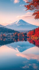 Mount Fuji Reflected in Still Lake Water at Sunset with Autumn Colors