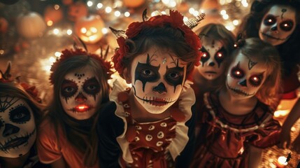 A group of children with Halloween makeup on their faces