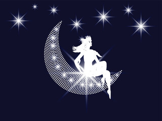 Queen Silhouette on Starry Crescent Moon Rhinestone Templates Design 