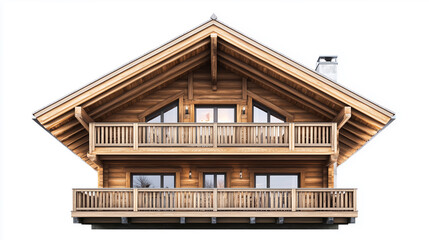 Chalet with wooden beams and large balconies in a mountain setting isolated on white background