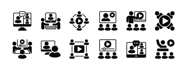 Video conference icon set. Containing remote work, online meeting, workplace, freelance, seminar, classroom, education, coaching, communication, discussion, meeting, learning. Vector illustration