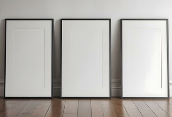 Three empty picture frames on a wooden floor against a white wall.