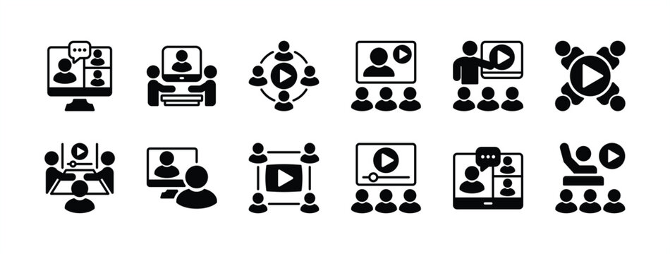 Video conference icon set. Containing remote work, online meeting, workplace, freelance, seminar, classroom, education, coaching, communication, discussion, meeting, learning. Vector illustration