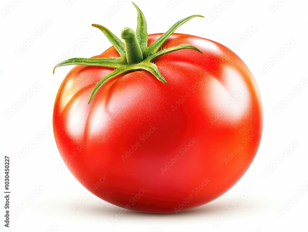 Poster a image of a ripe red tomato with its stem attached isolated against a plain white background the to
