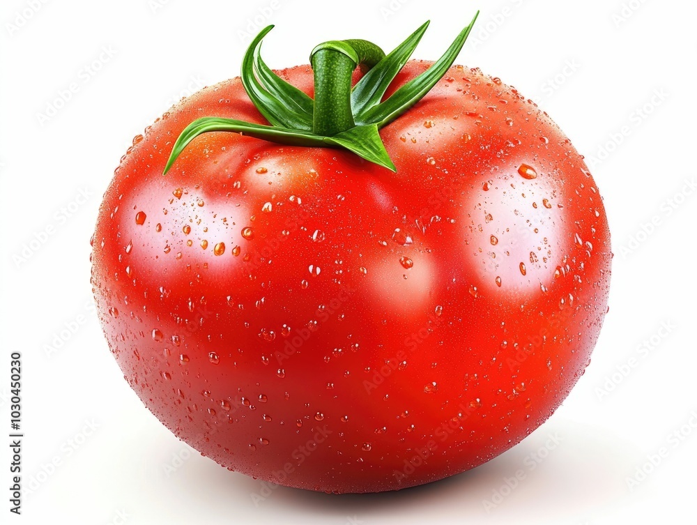 Poster closeup photographic image of a single ripe and glossy red tomato with green stem attached shot agai