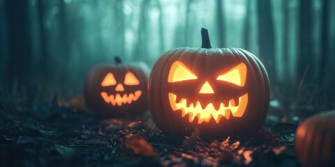 Obraz premium Spooky carved pumpkins illuminate a misty forest during Halloween, creating a haunting atmosphere for the festive season.