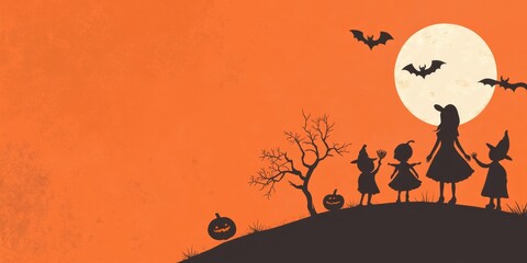 Spooky Halloween scene featuring children in costumes, silhouetted against an orange backdrop with a full moon and bats.