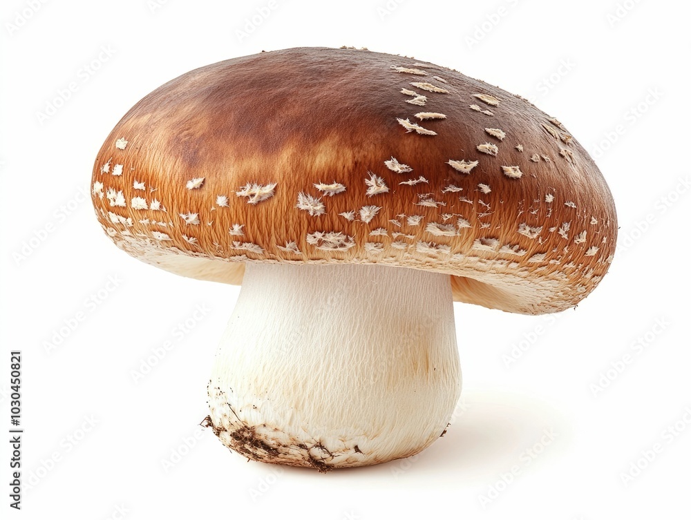 Poster close up image of a whole fresh brown cap mushroom with a white stalk isolated against a clean white