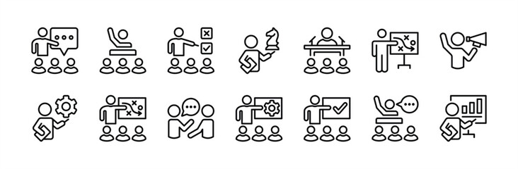 Mentor, guidance, coach, teacher, instruction, cognition thin line icon set. Containing teamwork, training, business advice, collaboration, consulting, corporate, education, learning, motivation