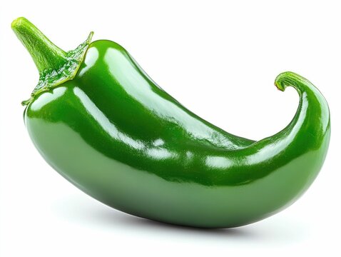 Fresh glossy and smooth whole green jalapeno pepper isolated on a clean white background  The chili pepper is an essential ingredient in many spicy Mexican and Latin American cuisines