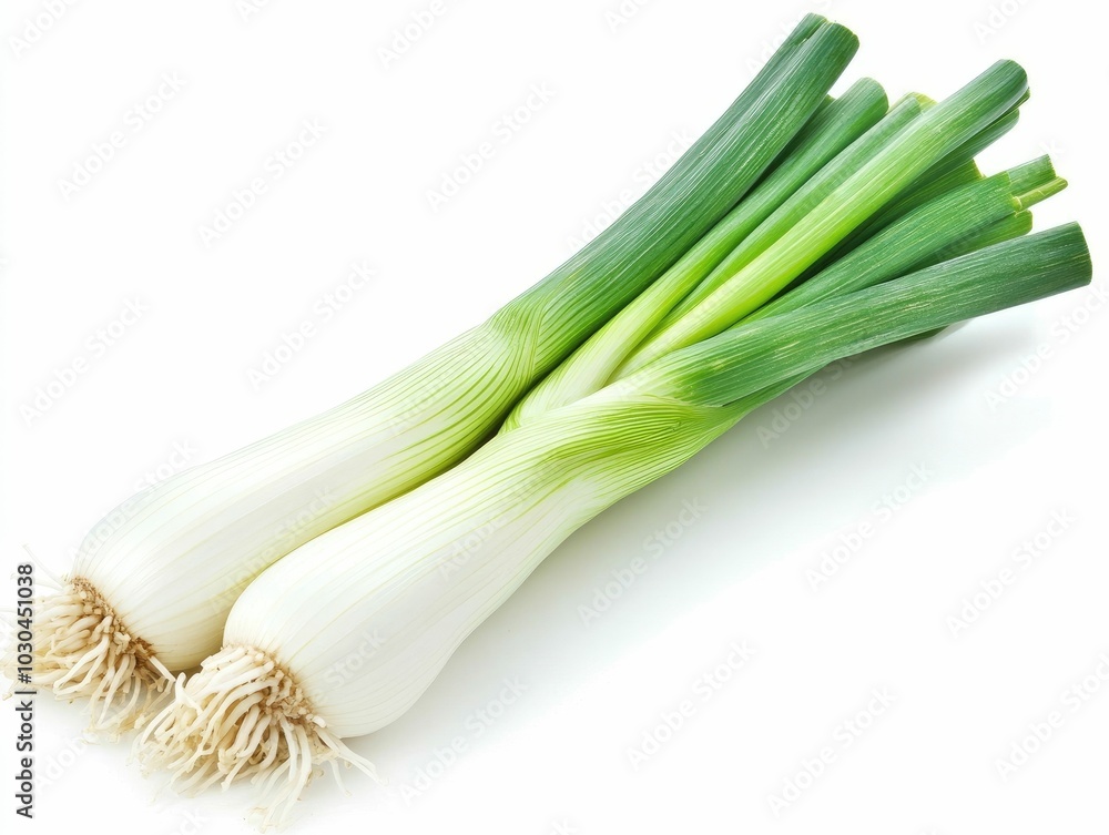 Aufkleber a fresh long and vibrant green leek vegetable with a white stalk displayed on a plain white backgrou