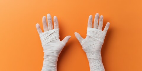 Two hands wrapped in white bandages on an orange background, symbolizing care, healing, and recovery.