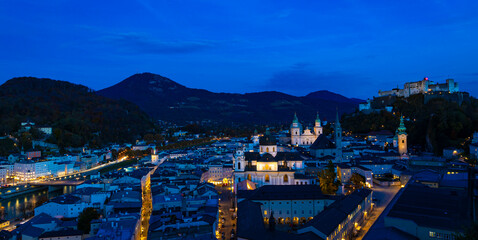 The night city view with  blue night sky  with historic city of salzburg ,Austria