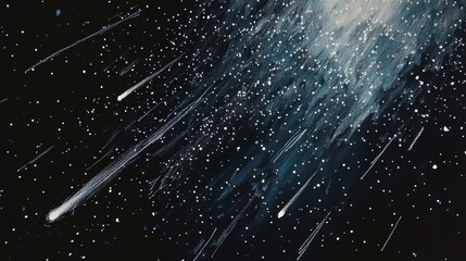 Cartoon drawing of a meteor shower, top view of the night sky, colored in pastels, capturing the beauty of celestial events