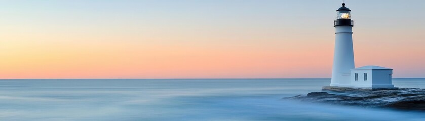 Peaceful lighthouse by the ocean at sunset, soft colors, serene waves, flat and simple design