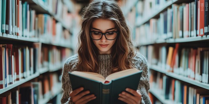 Beautiful young woman reading a book in a bookstore. A girl looking through books in library.