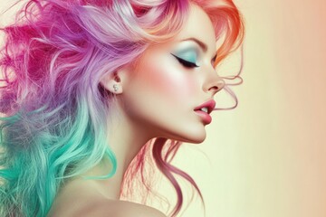 Portrait of a beautiful woman with colorful hair and pastel makeup, isolated on a gradient background.