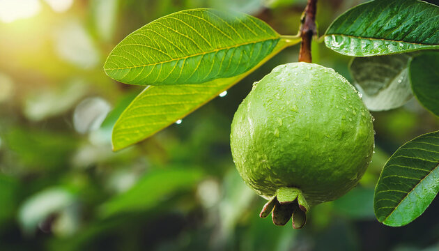 Ripe guava growing on branch with green leaves and water drops. Garden fruit tree. Sun shining.