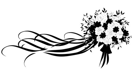 Cascading bridal bouquet with trailing ribbons, vector illustration art