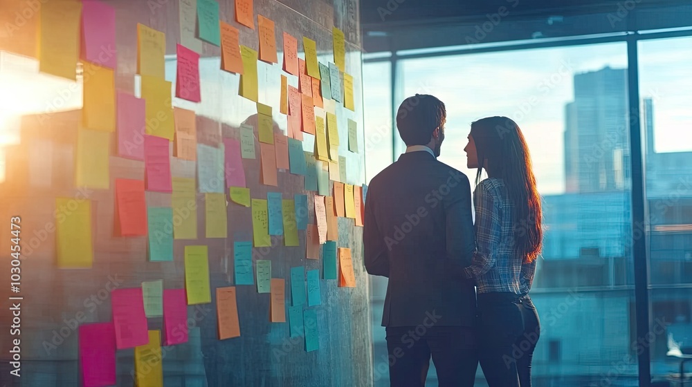Poster two colleagues stand near a wall covered in sticky notes. this image is perfect for illustrating a c