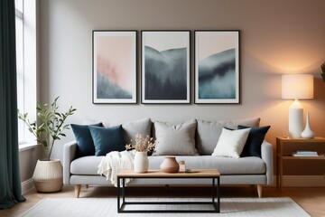 Fototapeta premium Simple and cozy living room inspired by winter theme with a sofa, table, lamp, and minimal art frame.