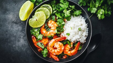Fresh Shrimp Dish with Rice and Lime Garnish