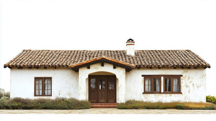 Spanish-style hacienda with stucco walls and tile roof isolated on white background