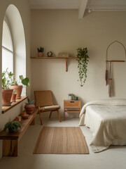 minimal scandinavian bedroom interior design scheme with natural material decorative element bedroom daylight house beautiful design and decor,ai generate 