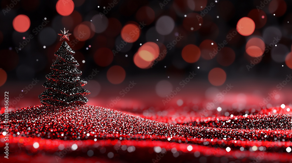 Poster sparkling black christmas tree stands atop shimmering red surface, surrounded by festive atmosphere 