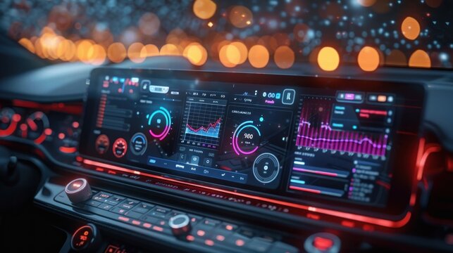 Innovative car dashboard displaying vibrant digital interfaces and data analytics at night. Generative AI