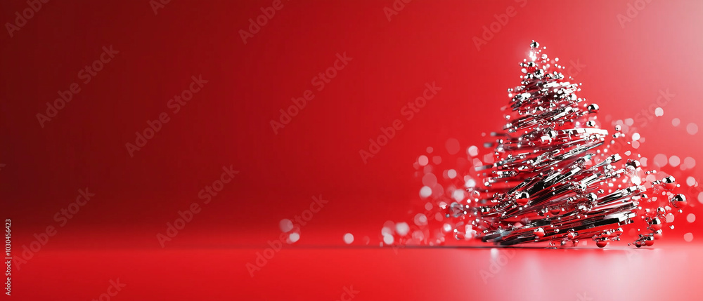 Poster stunning red background features shimmering Christmas tree made of metallic elements, creating festive and modern holiday atmosphere. glowing ornaments add magical touch to scene