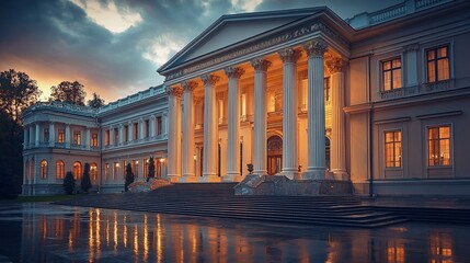 Obraz premium Majestic Government Building with Classical Columns Illuminated by Soft Afternoon Light