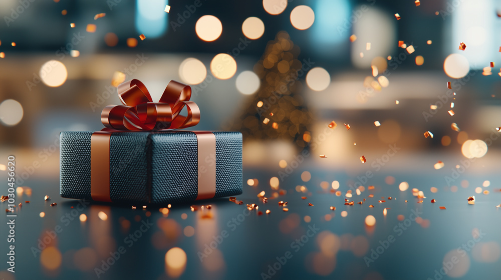 Poster beautifully wrapped gift box with shiny ribbon sits elegantly on table, surrounded by sparkling conf