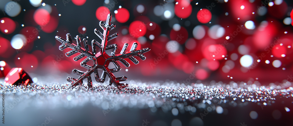 Poster beautiful red and black snowflake rests on frosty surface, surrounded by shimmering bokeh lights. fe