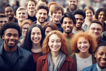 Obraz premium Large crowd of people looking at camera, smiling, portrait