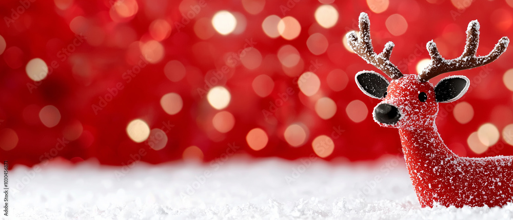 Poster festive red reindeer figurine covered in snow sits against vibrant red background filled with soft b
