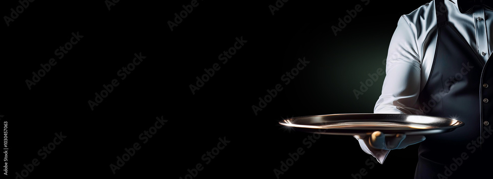 Poster close-up and front view of a waiter or chef, holding a silver metal empty serving tray, isolated on 