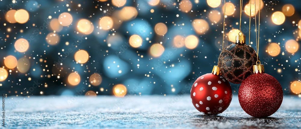 Poster festive christmas ornaments in red and black with snowy background create joyful holiday atmosphere.