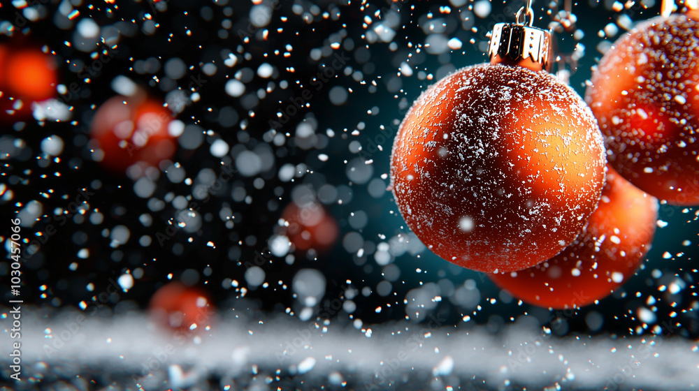 Poster bright red christmas ornaments hang against snowy backdrop, creating festive atmosphere filled with 