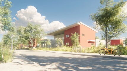 Futuristic Sustainable Modular Housing Community with Bike-Sharing Program 3D Render Illustration