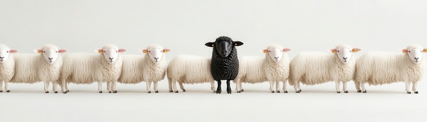 Fototapeta premium A line of identical white sheep with a single black sheep breaking the symmetry, symbolizing uniqueness, black sheep contrast, visual metaphor for being different