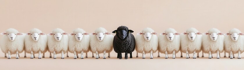 Fototapeta premium A line of identical white sheep with a single black sheep breaking the symmetry, symbolizing uniqueness, black sheep contrast, visual metaphor for being different