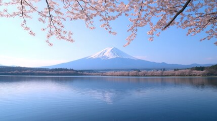 Mount Fuji, Snow-capped Peak, Reflected in Calm Lake, Framed by Cherry Blossoms
