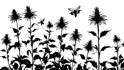 Bee balm plants with spiky blooms in a cottage garden, vector illustration art