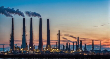 Bright sky highlighting smokestacks, creating a stark industrial scene.