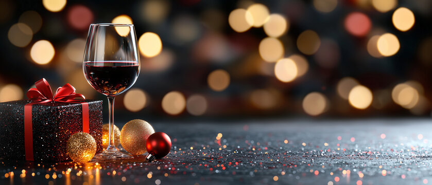 festive scene featuring glass of red wine beside beautifully wrapped gift, adorned with shiny ornaments and sparkling background. This setting evokes warm and celebratory atmosphere
