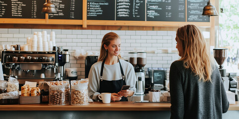 Cheerful barista serving customer a cup of coffee at coffee shop. Happy cafe employee standing by a counter waiting for payment. Helping client at checkout.