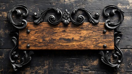 Ornate Black Metal Frame with Wooden Signboard - Vintage, Rustic, Decorative Element for Design