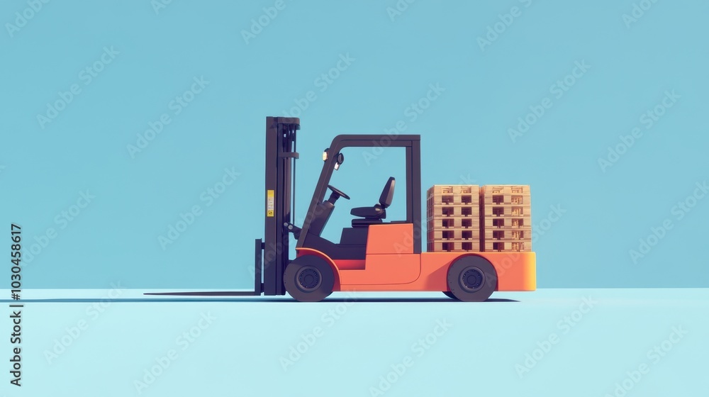Poster flat design animation of a forklift moving pallets, side view in a split-complementary color scheme,
